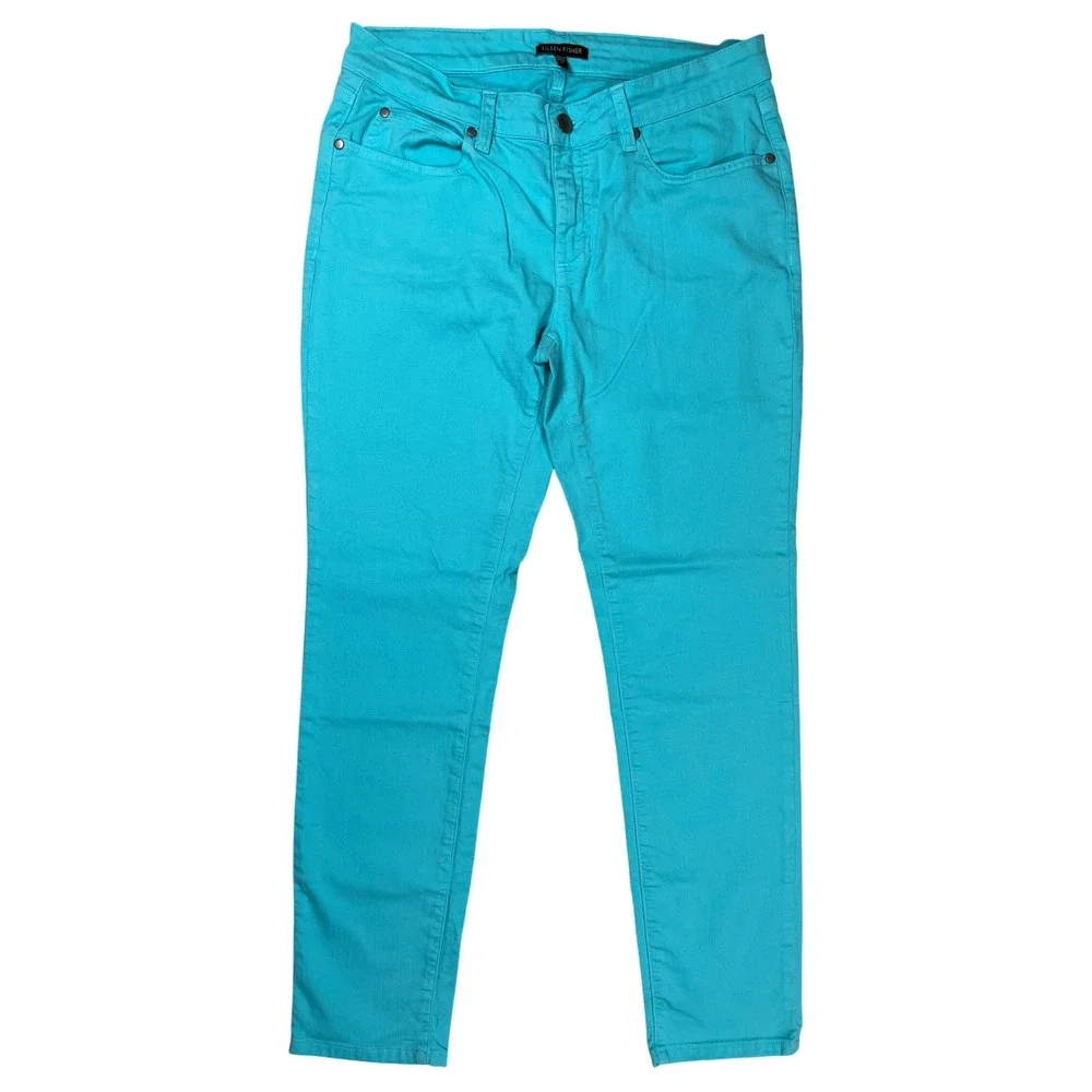 Eileen Fisher Organic Cotton Teal Straight Leg Jeans Sz 6 Stretch Casual Spring